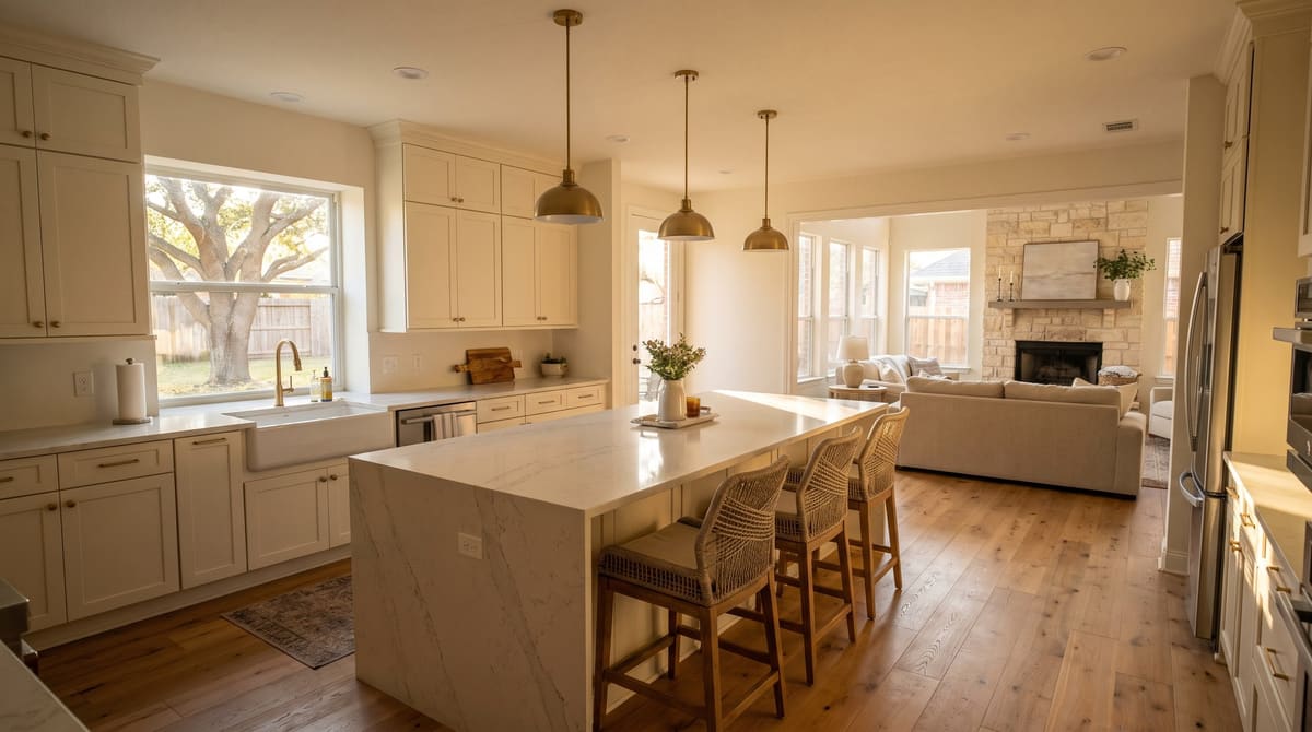 A remodeled kitchen in a two-story brick home from around 2000, with a long quartz island, white shaker cabinets to the ceiling, and oak floors