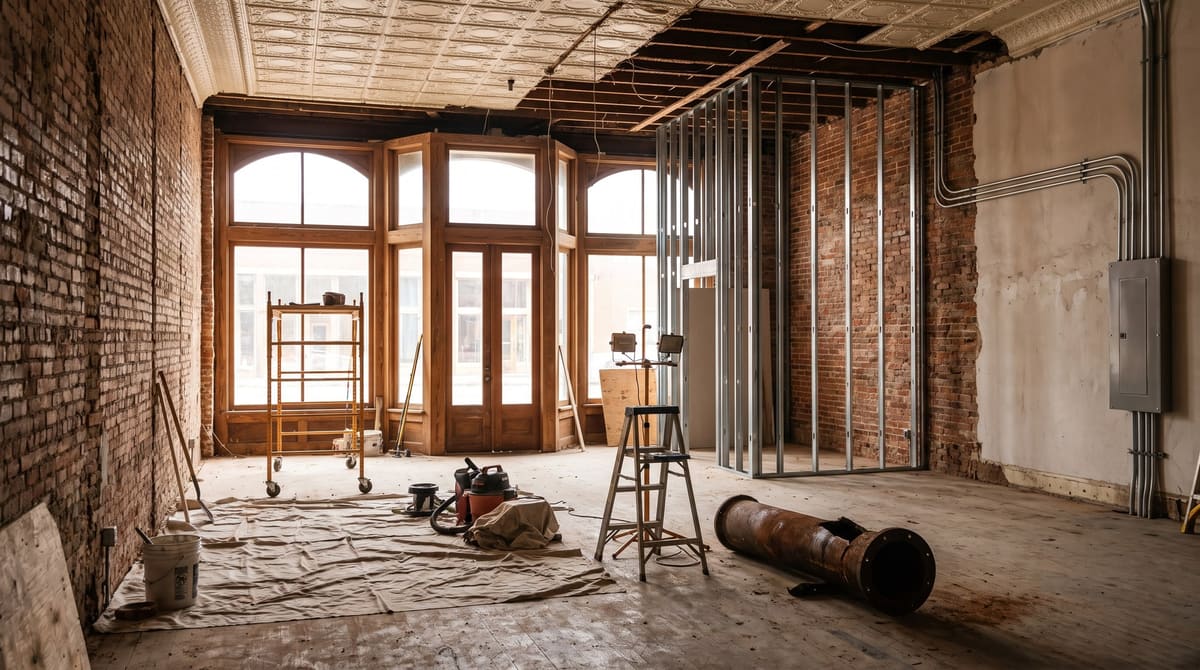 The inside of an early 1900s brick storefront during renovation, with repointed brick walls, new electrical conduit, and metal stud framing for a restroom