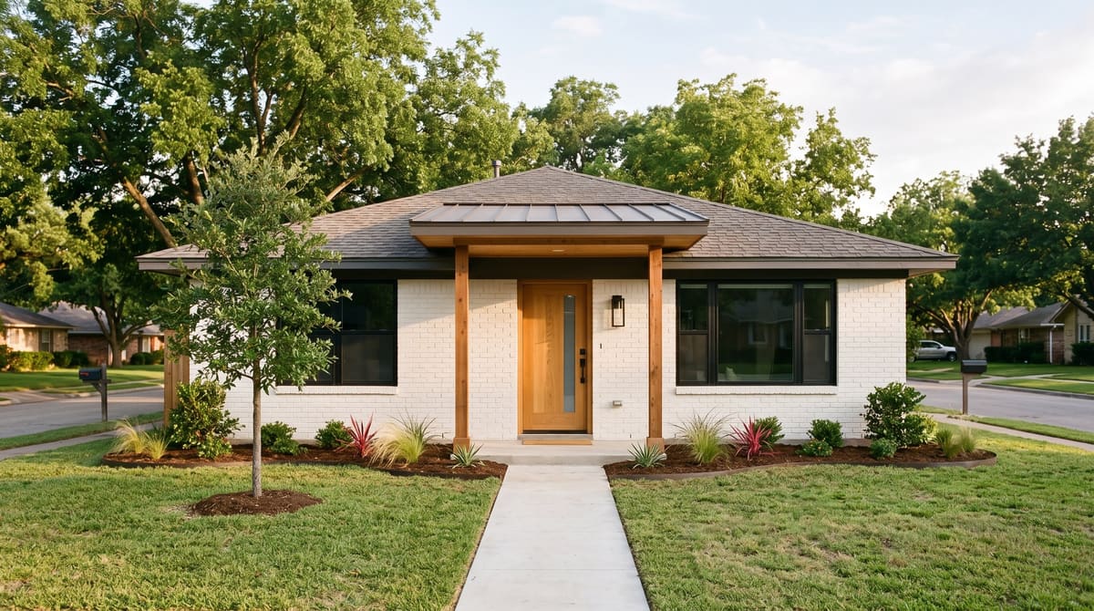 A 1970s single-story brick ranch house after a curb-appeal update with white painted brick, black-framed windows, a natural oak front door, a cedar porch cover, and new planting beds