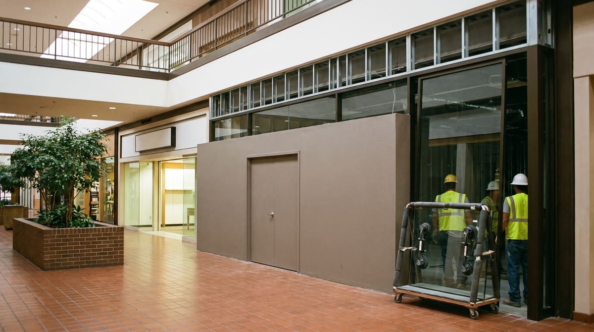 An inline storefront in an enclosed 1970s mall being re-tenanted behind a gray construction barricade, with new bronze-framed glass panels going in above it