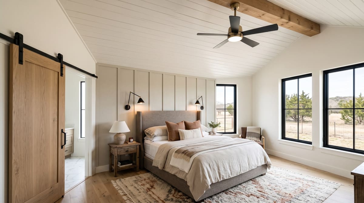 A remodeled primary bedroom with a white plank vaulted ceiling, a black and brass ceiling fan, and a white oak barn door sliding open to the bath