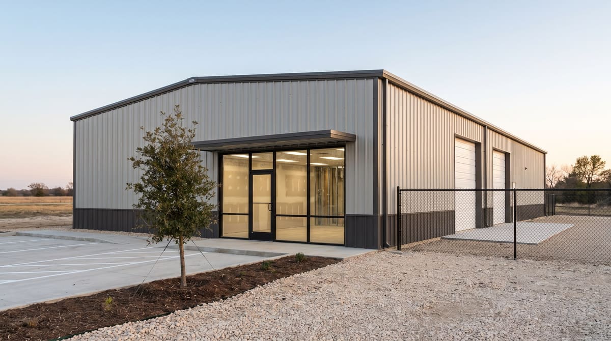 A pre-engineered metal shop building with gray wall panels, a bronze glass entry, two white roll-up doors, and a drywalled front office visible through the storefront