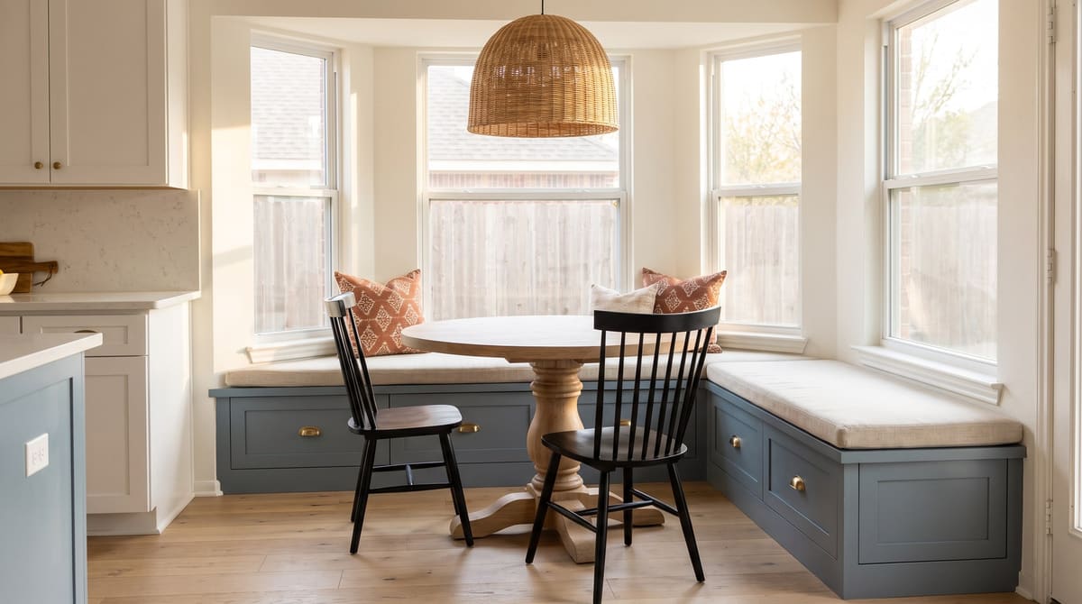 A breakfast nook in a 2000s two-story home rebuilt as a blue-gray built-in banquette with storage drawers, a round white oak pedestal table, and a rattan pendant light in a bay window