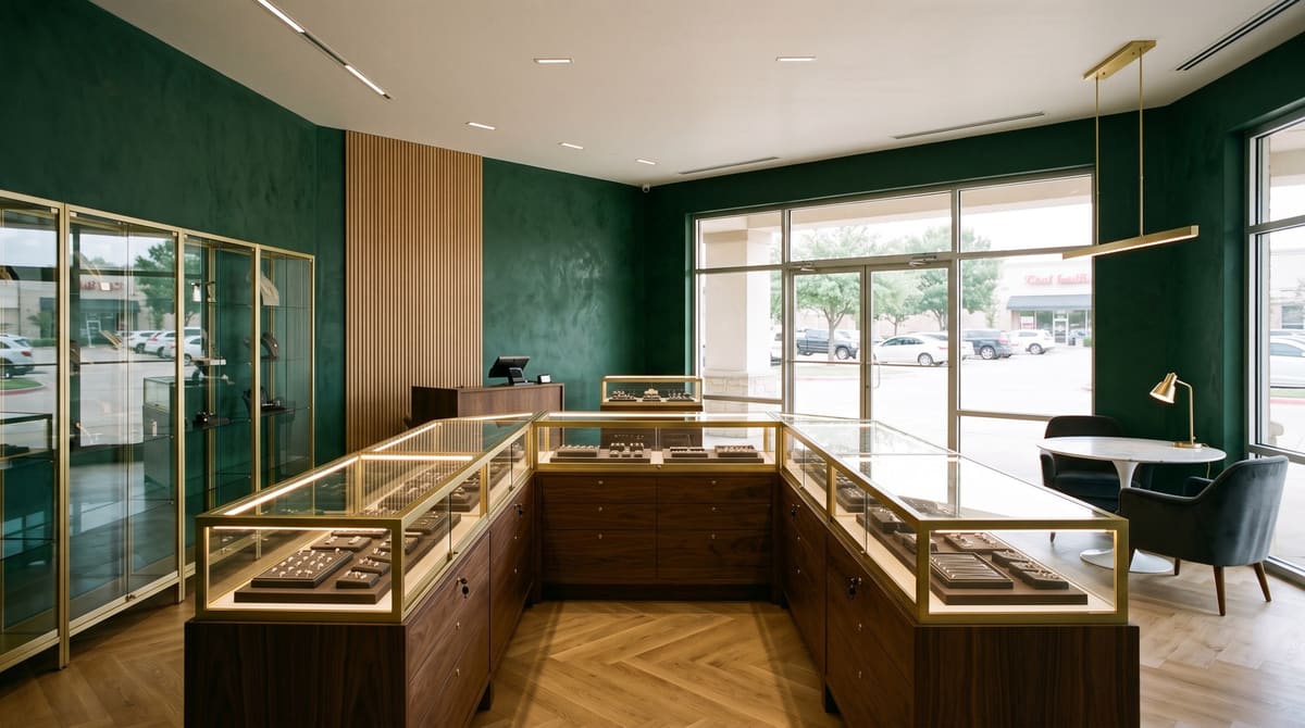 A small jewelry store finished inside a retail suite, with lit glass display cases on walnut bases, a marble consultation table with velvet chairs, and green plaster walls