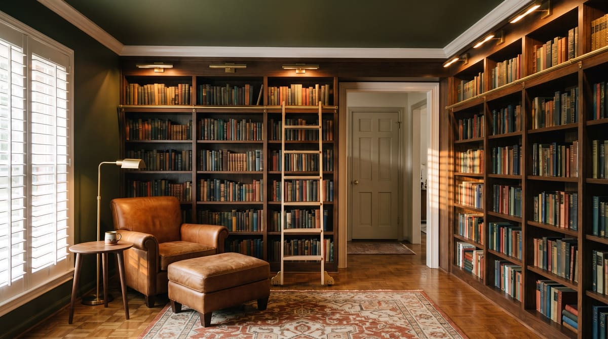 A 1970s formal dining room converted into a home library with olive green floor-to-ceiling built-in shelves, a white oak rolling ladder on a brass rail, a cognac leather reading chair, and warm picture lights