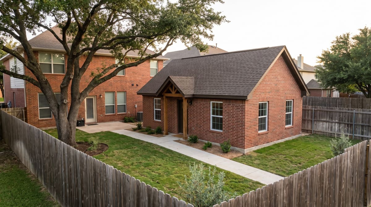 A small detached backyard cottage in red brick with a matching shingle roof behind a two-story red brick house