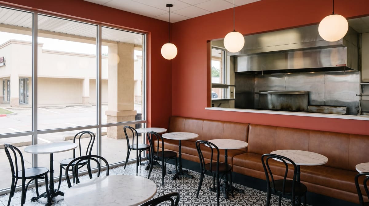A reopened restaurant in a shopping center suite with the previous tenant's stainless kitchen line visible through a pass-through, terracotta walls, a leather banquette, and marble bistro tables