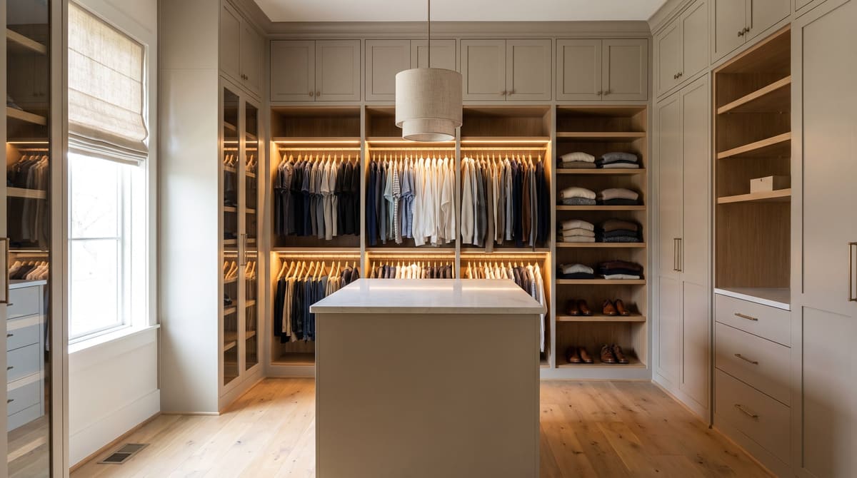 A custom primary walk-in closet with greige painted cabinetry, white oak shelving, a quartz-topped island, and warm LED shelf lighting