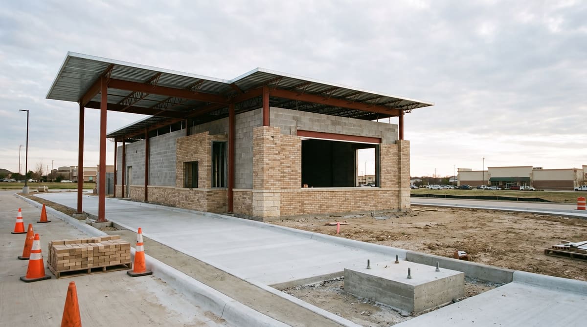 A quick-service restaurant pad building under construction with brick veneer over block walls, steel roof framing, and an open drive-thru window above a new concrete lane