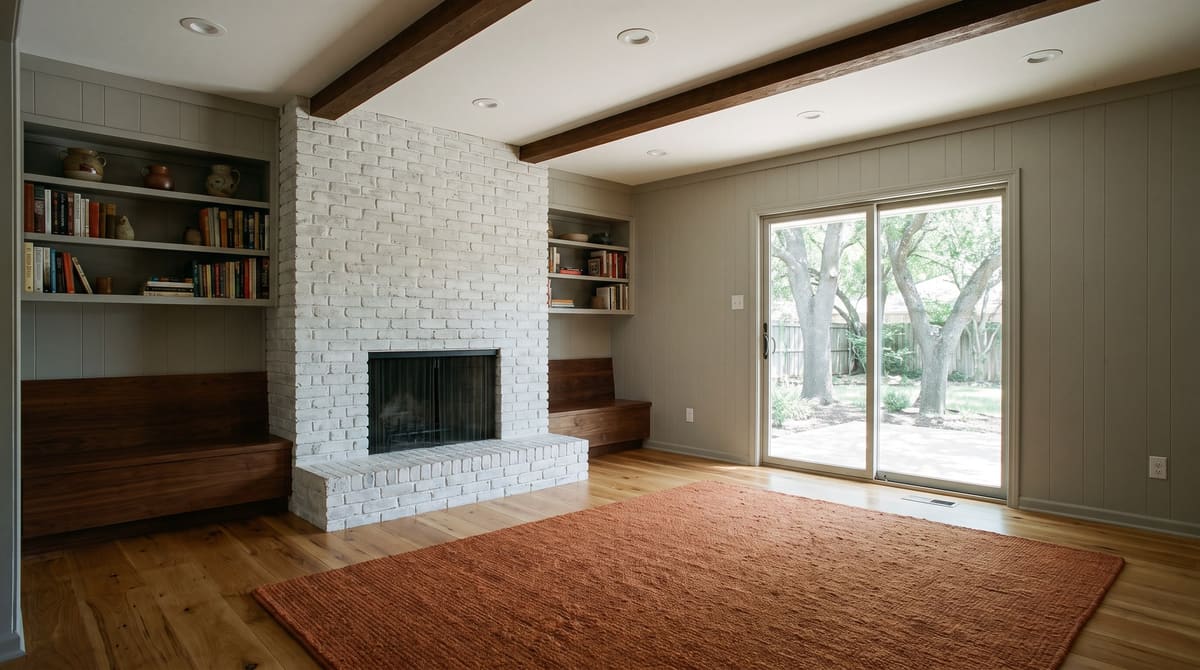 A renovated den in a 1970s brick ranch house with putty gray painted paneling, a limewashed brick fireplace, stained cedar beams, honey-toned hickory floors, and a rust-orange rug