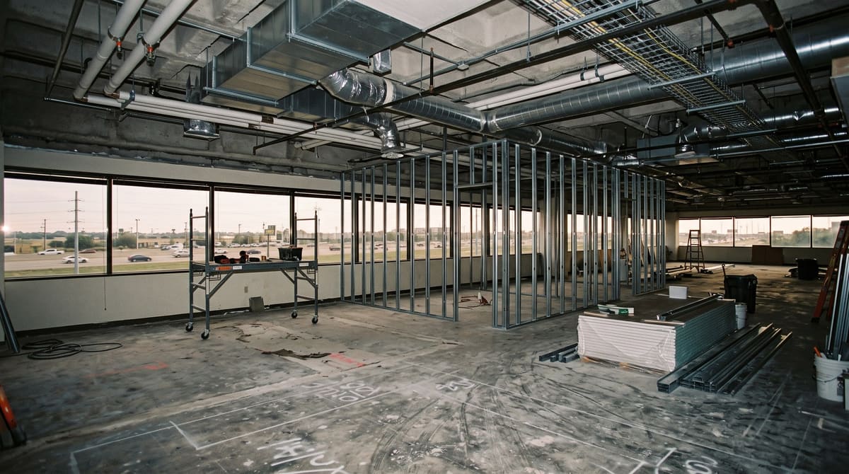 A 1980s office floor stripped to the concrete slab with exposed ductwork and sprinkler pipe, new metal stud framing, and a long run of tinted ribbon windows