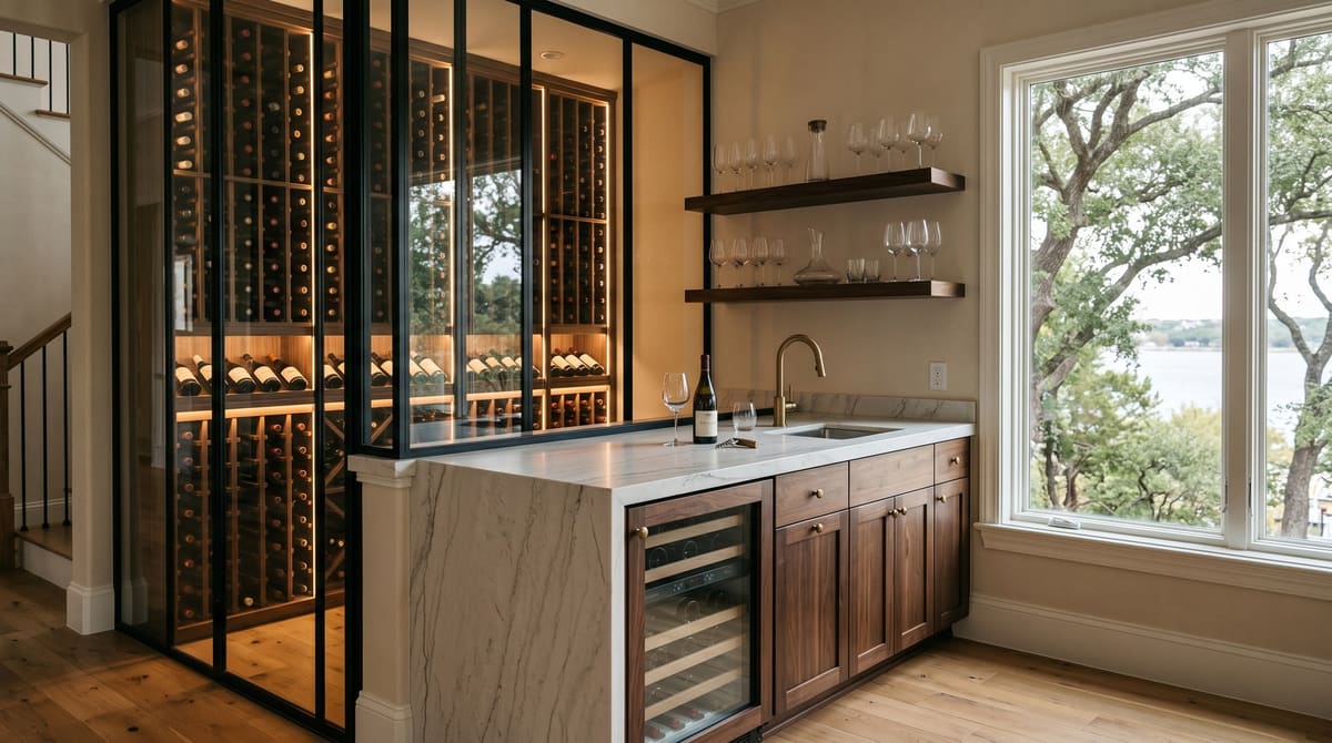 A wine room and wet bar with a glass-front wine wall, a pale quartzite bar top, dark stained cabinetry, and a window toward trees and lake water
