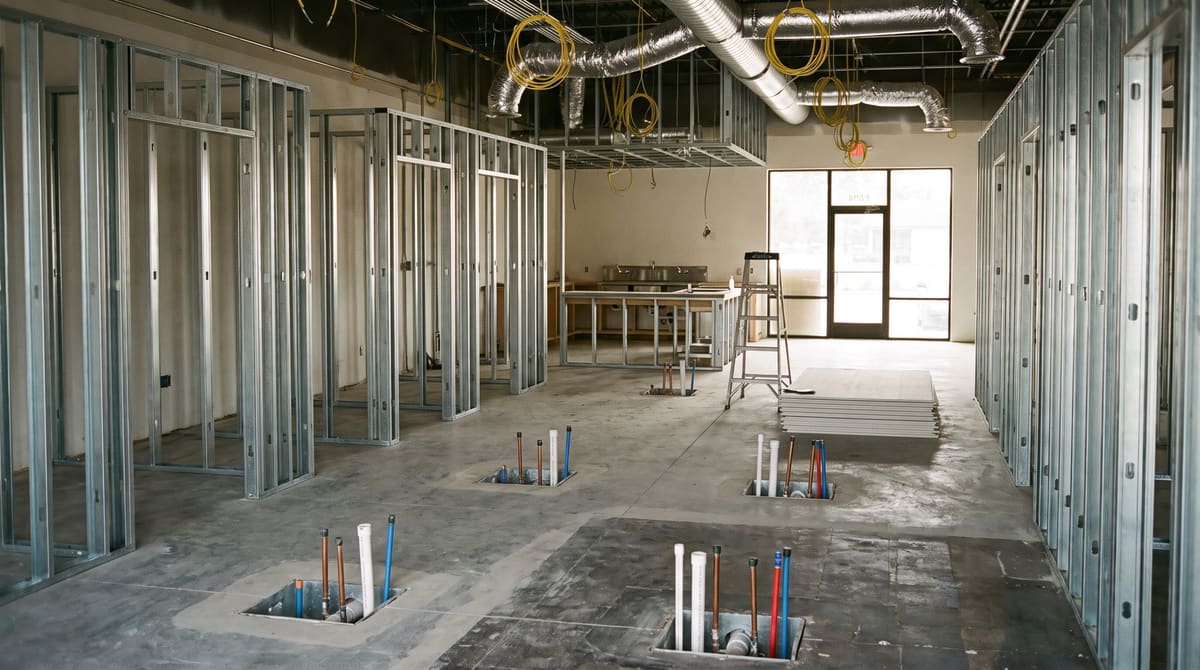 A dental office build-out in a single-story retail building with steel stud operatories, chair utility boxes set in patched concrete, and a framed sterilization alcove