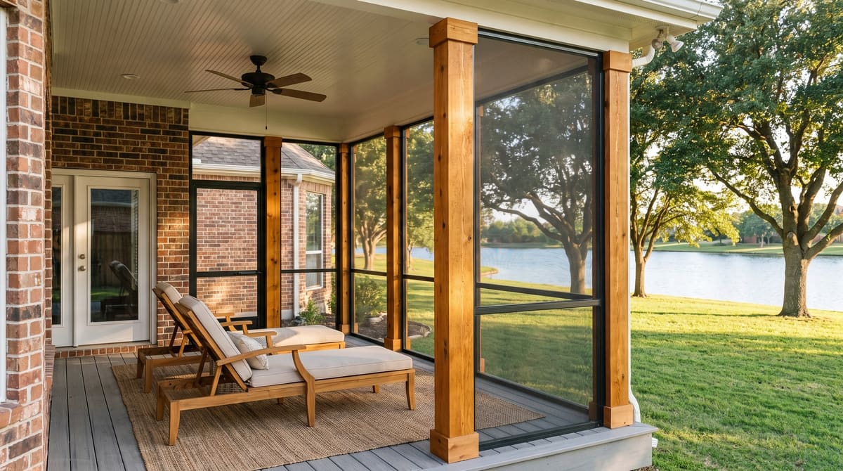 A new screened porch with cedar posts and black screen panels on the back of a 1990s brick house, looking across a lawn toward a lake and large trees