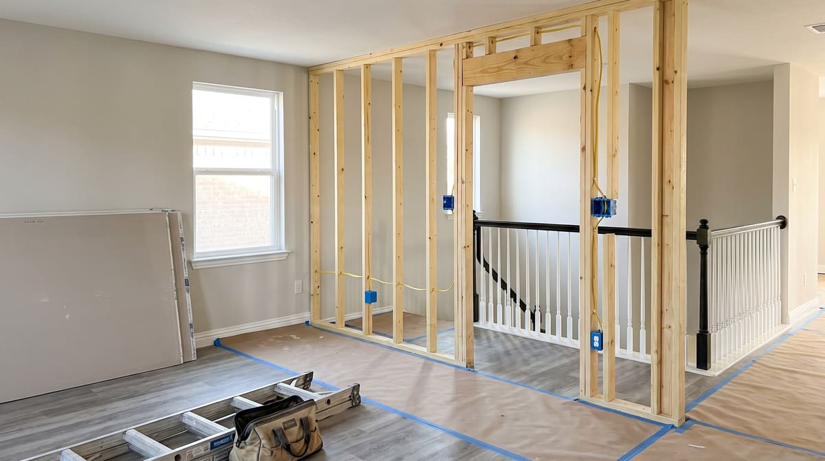 An upstairs loft in a new suburban home mid-conversion to a guest bedroom, with a freshly framed stud wall and door opening, blue electrical boxes on the studs, and drywall sheets stacked against the wall