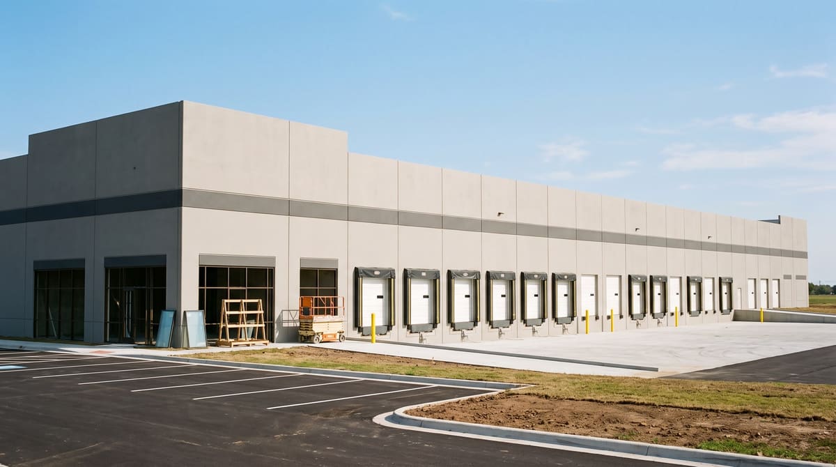 A new concrete tilt-wall warehouse nearing completion, with white dock doors along the long side, a glazing crew finishing the corner office storefront, and freshly striped asphalt parking
