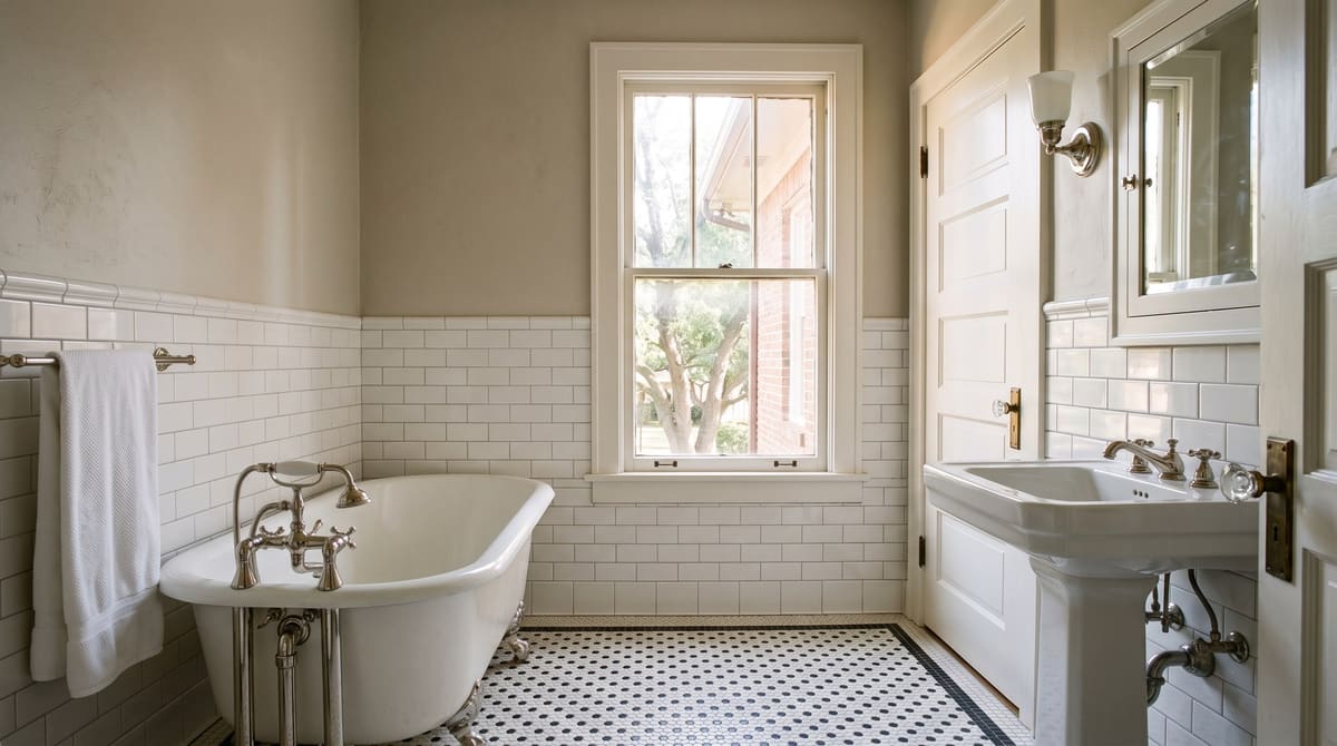 A restored primary bathroom in a 1920s brick house with a white clawfoot tub, black and white hexagon floor tile, white subway tile wainscot, and a pedestal sink under a tall wood window