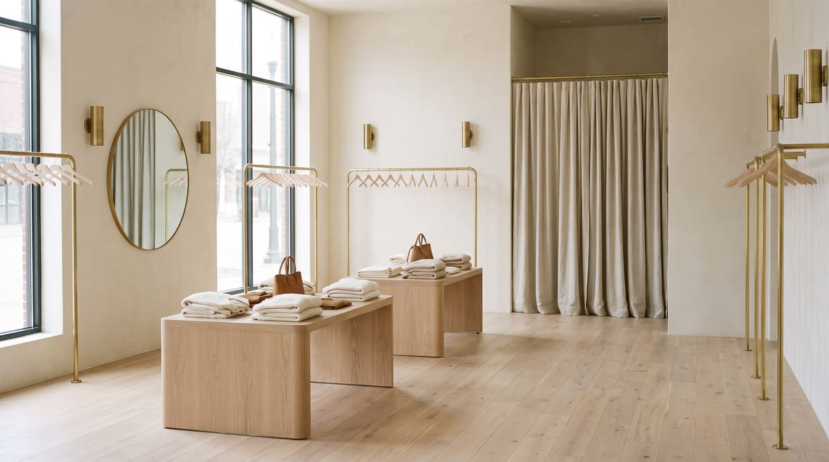 A finished boutique interior with warm white plaster walls, two white oak display tables with folded knitwear, brass clothing rails, and a fitting room closed by a heavy linen curtain