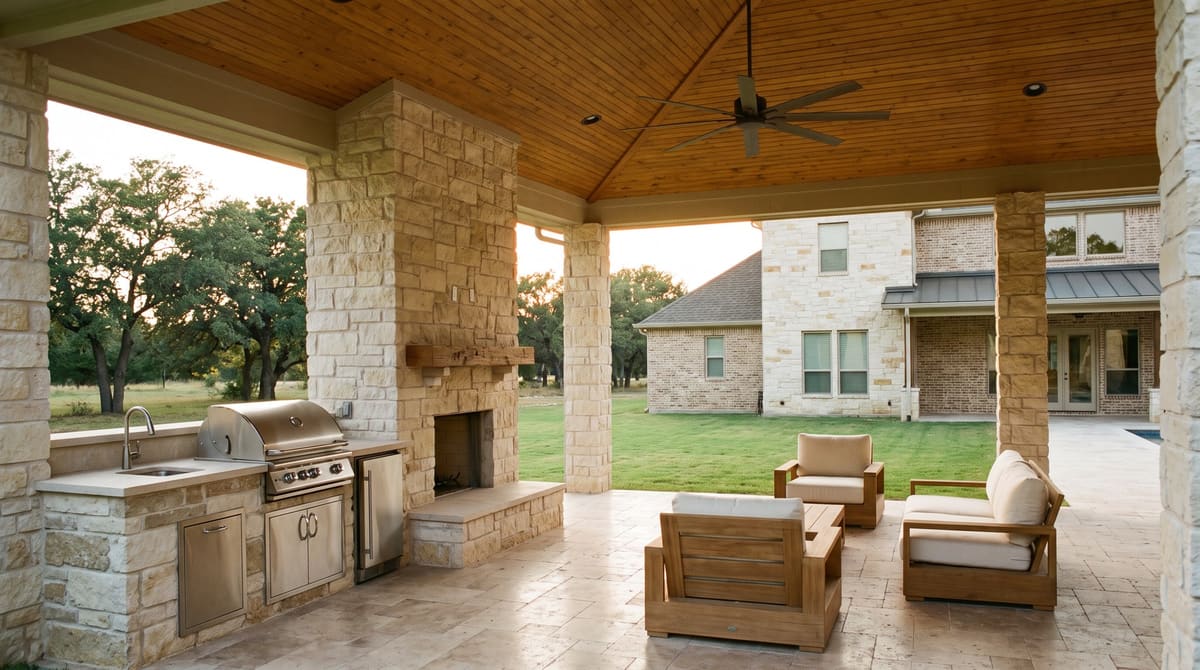 A covered outdoor living room on a large stone and brick custom home with a stained wood ceiling, a stone fireplace, an outdoor kitchen with a grill, and a green lawn beyond
