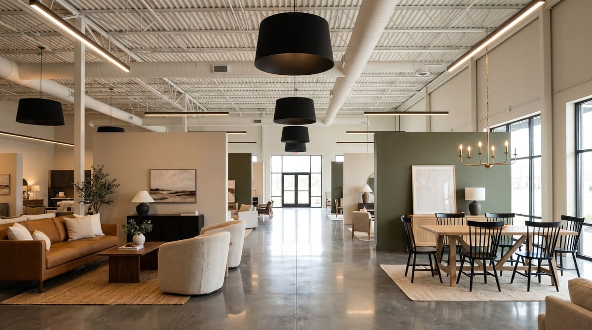 A furniture showroom with room vignettes under black drum pendants, open steel joists, and a polished concrete floor