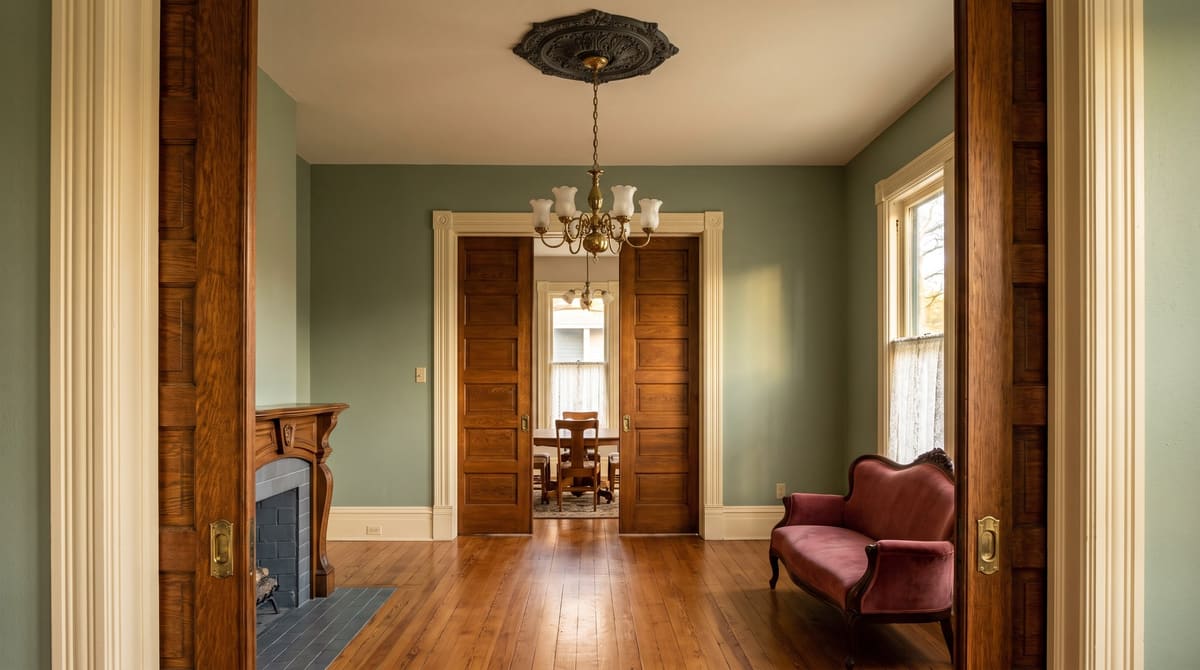 The front parlor of a Queen Anne Victorian house after restoration, with oak pocket doors, ivory carved trim, a plaster ceiling medallion, refinished heart pine floors, and a brass chandelier