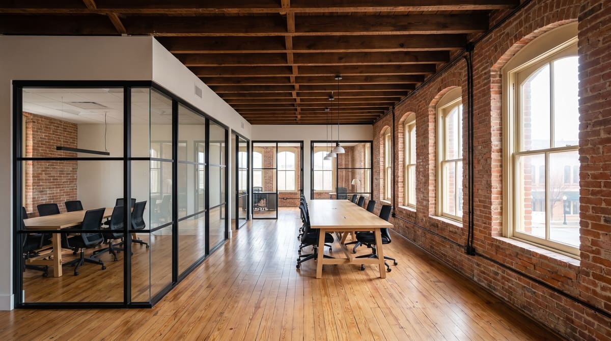 The upper floor of a late 1800s brick commercial building converted into offices, with exposed brick, dark timber joists, tall arched windows, and new glass partitions in black steel frames