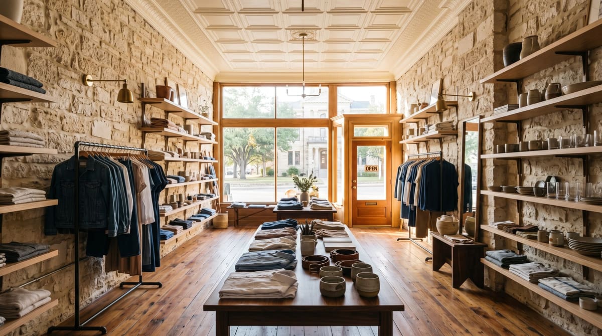 A finished boutique inside a late 1800s limestone storefront with a restored pressed-tin ceiling, exposed stone walls, wide pine floors, and walnut display tables