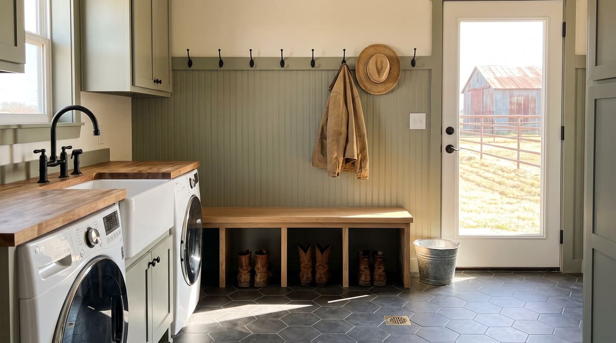 A farmhouse mudroom and laundry with a white oak bench, black iron hooks on sage green beadboard, a white fireclay utility sink, and charcoal hexagon tile floor
