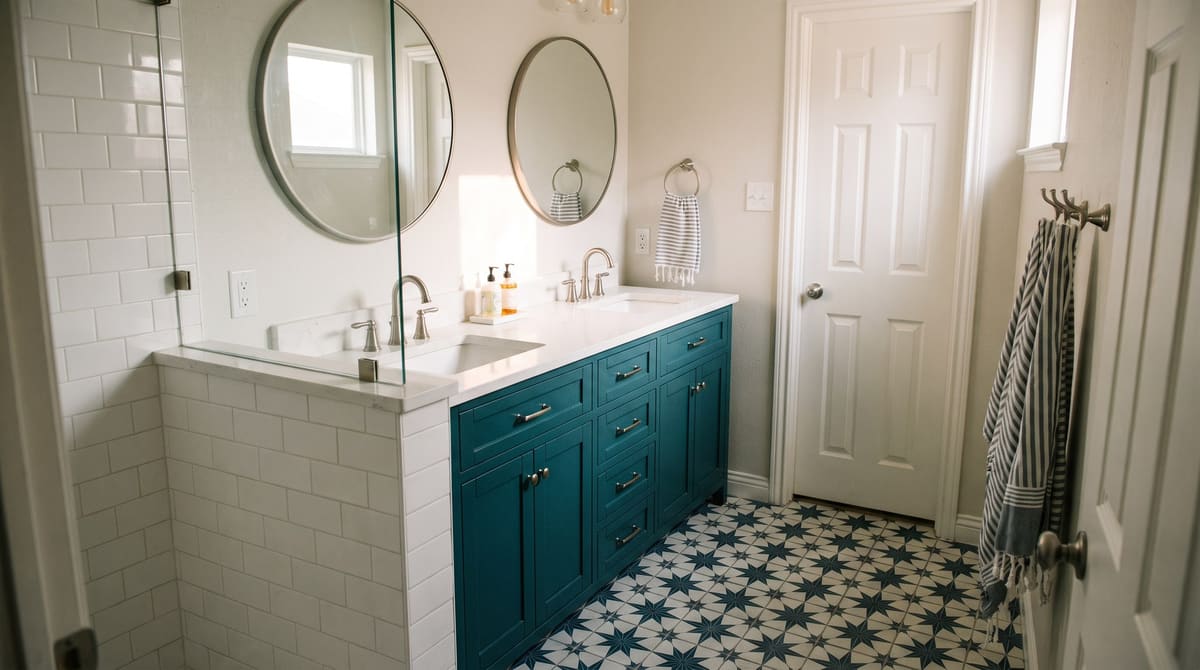 A remodeled kids' Jack-and-Jill bathroom in a 2000s two-story home with a deep teal double vanity, navy and white patterned floor tile, and a tub-shower with a glass panel