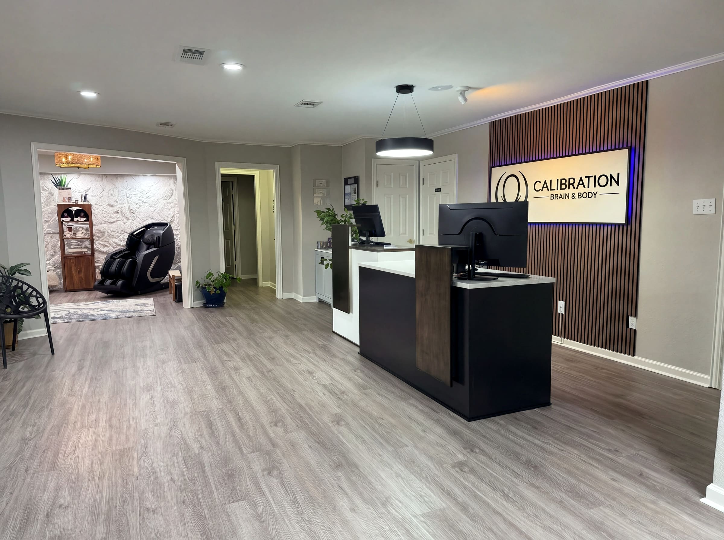 Reception area of the Calibration Brain & Body build-out in Frisco, Texas