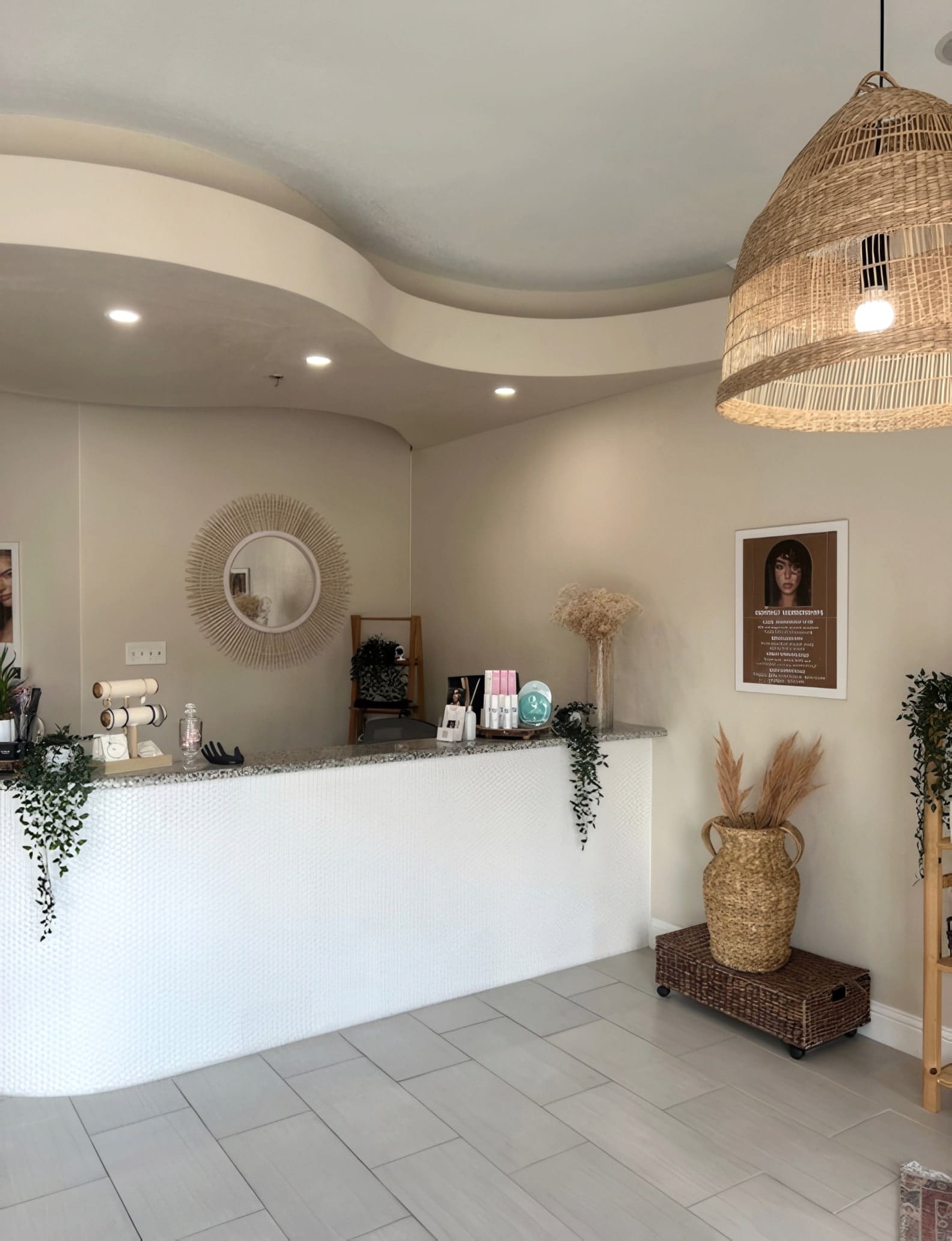 Cielo Beauty Bar reception in Celina, Texas with a curved white desk, rattan pendant, and arched wall niches