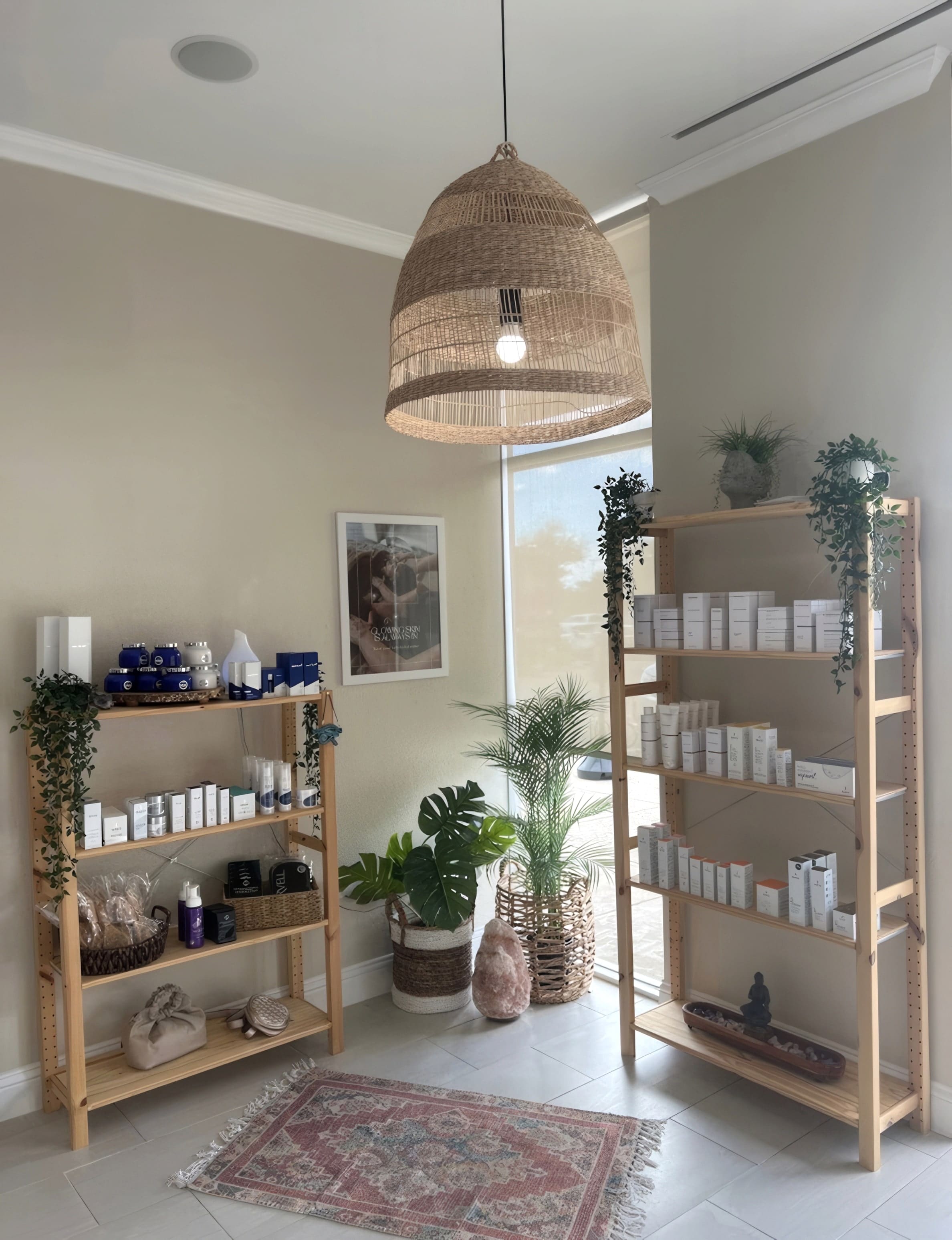 Retail shelving and product display with warm wood tones.