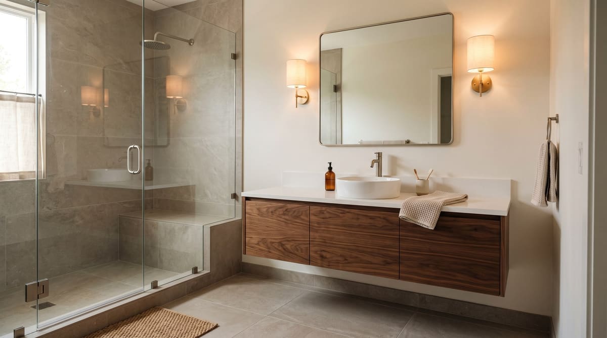 Finished modern bathroom with large-format porcelain tile, a frameless glass shower, and a floating walnut vanity