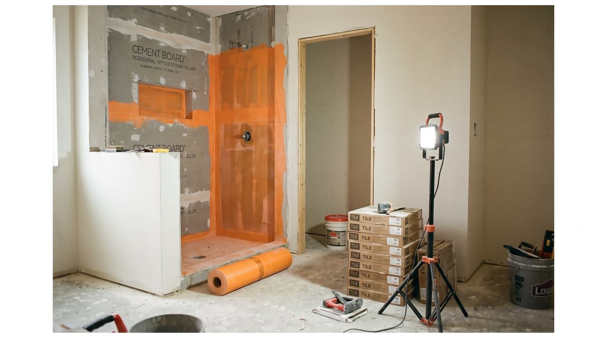 Bathroom remodel mid-project with cement board and waterproofing membrane in the shower and boxes of tile stacked nearby