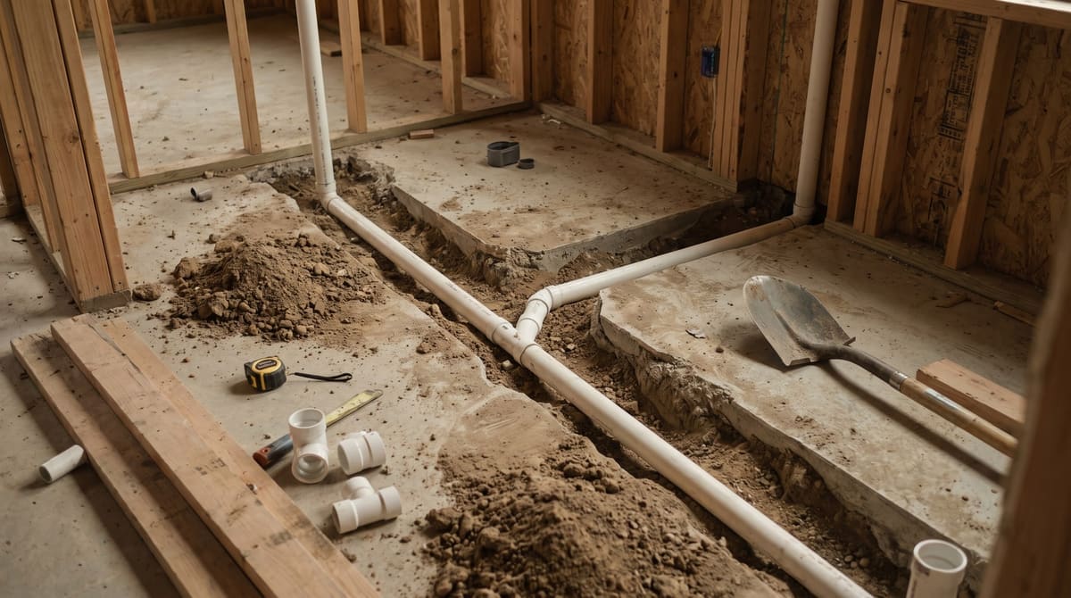 Trench cut into a slab foundation with new PVC drain lines during a Texas bathroom remodel