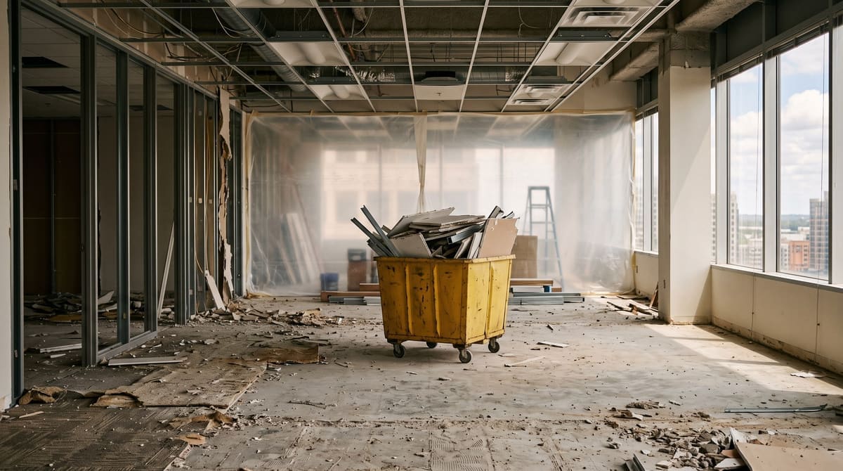 Demolition phase of a commercial office renovation with a plastic dust barrier and a rolling debris bin