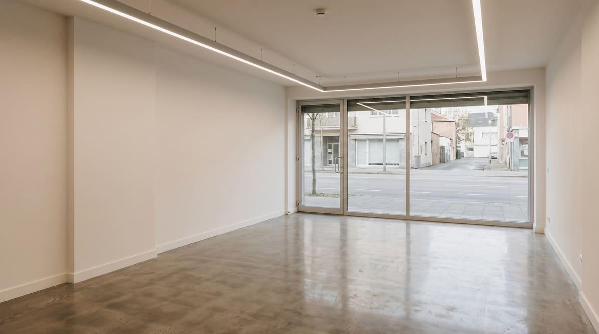 Finished second-generation retail space with white walls, LED lighting, and polished concrete, ready for fixtures