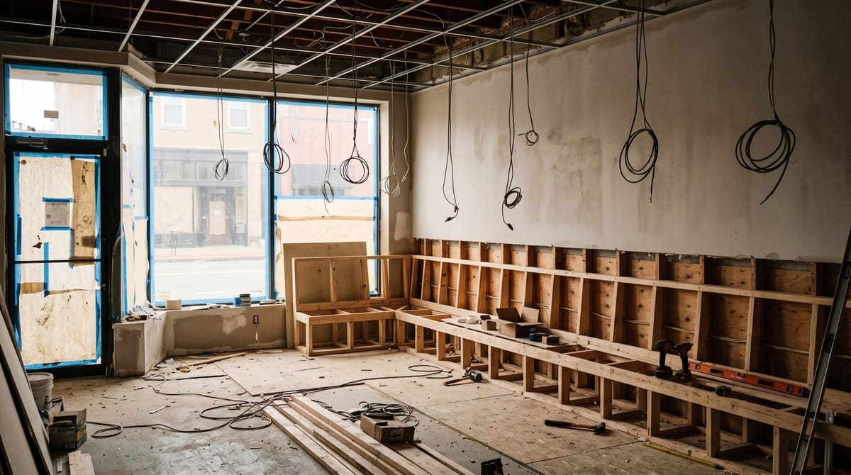Restaurant dining room build-out midway with banquette framing and pendant light wiring hanging from the ceiling