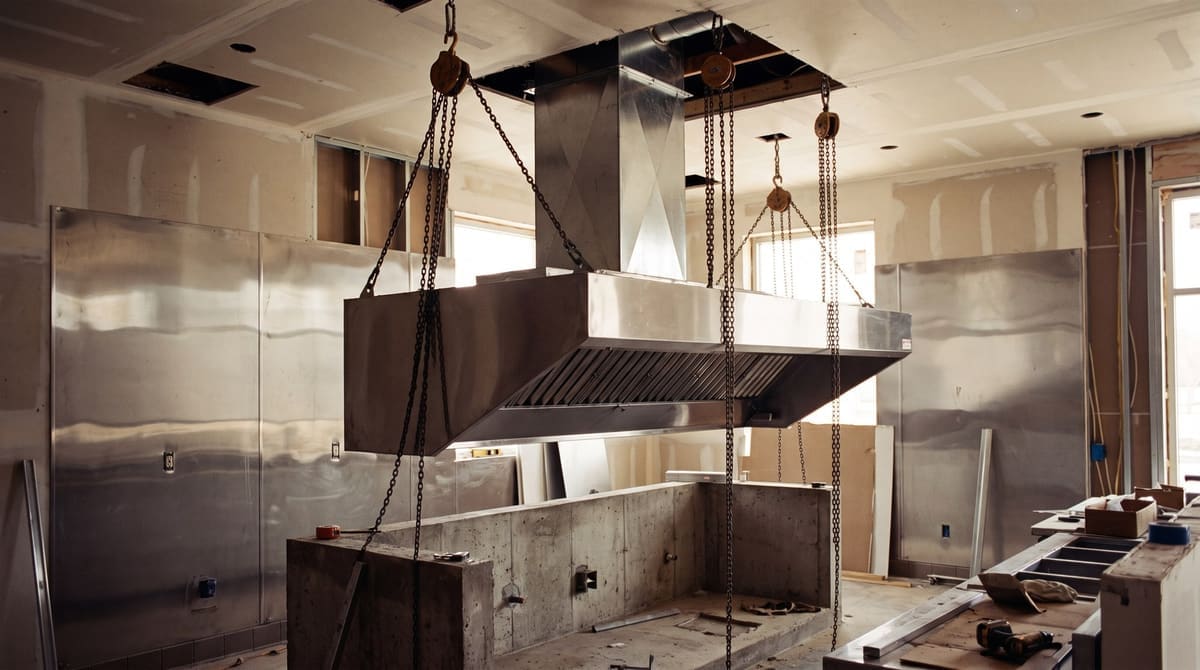 Stainless steel exhaust hood being installed above an empty cook line in a restaurant kitchen under construction