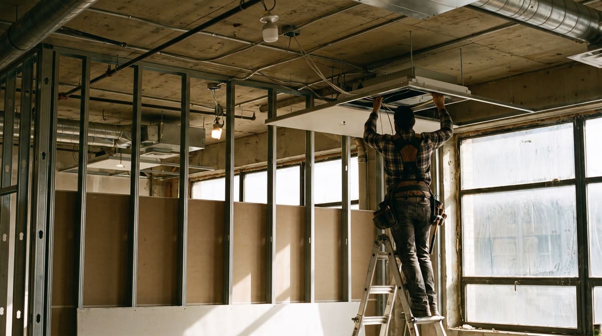 Metal stud framing and drywall going up during a tenant improvement build-out with an electrician on a ladder
