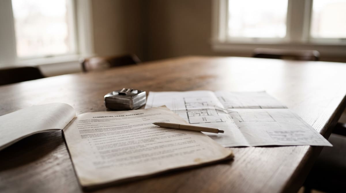 Commercial lease packet and architectural floor plan on a conference table with a tape measure