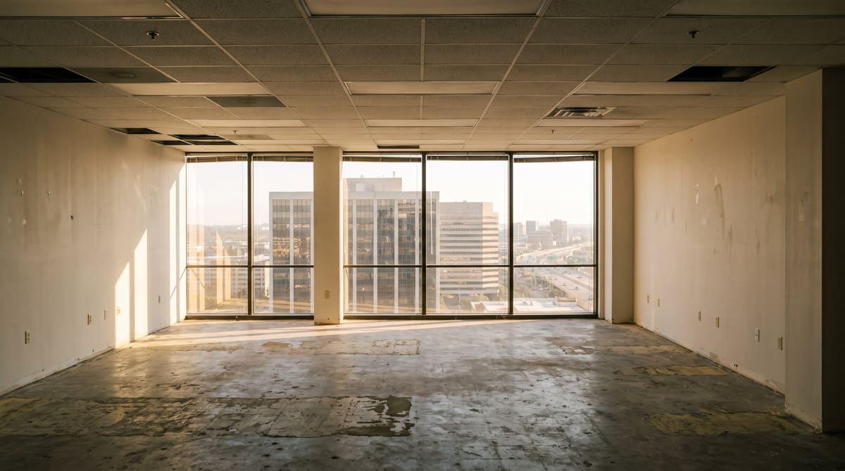 Empty second-generation office suite in a Dallas mid-rise with the base building delivered and tenant work still to come