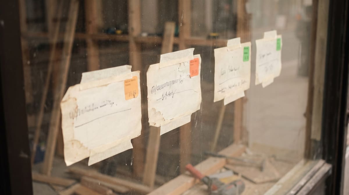 City building permit card and inspection sticker taped inside a storefront window under construction