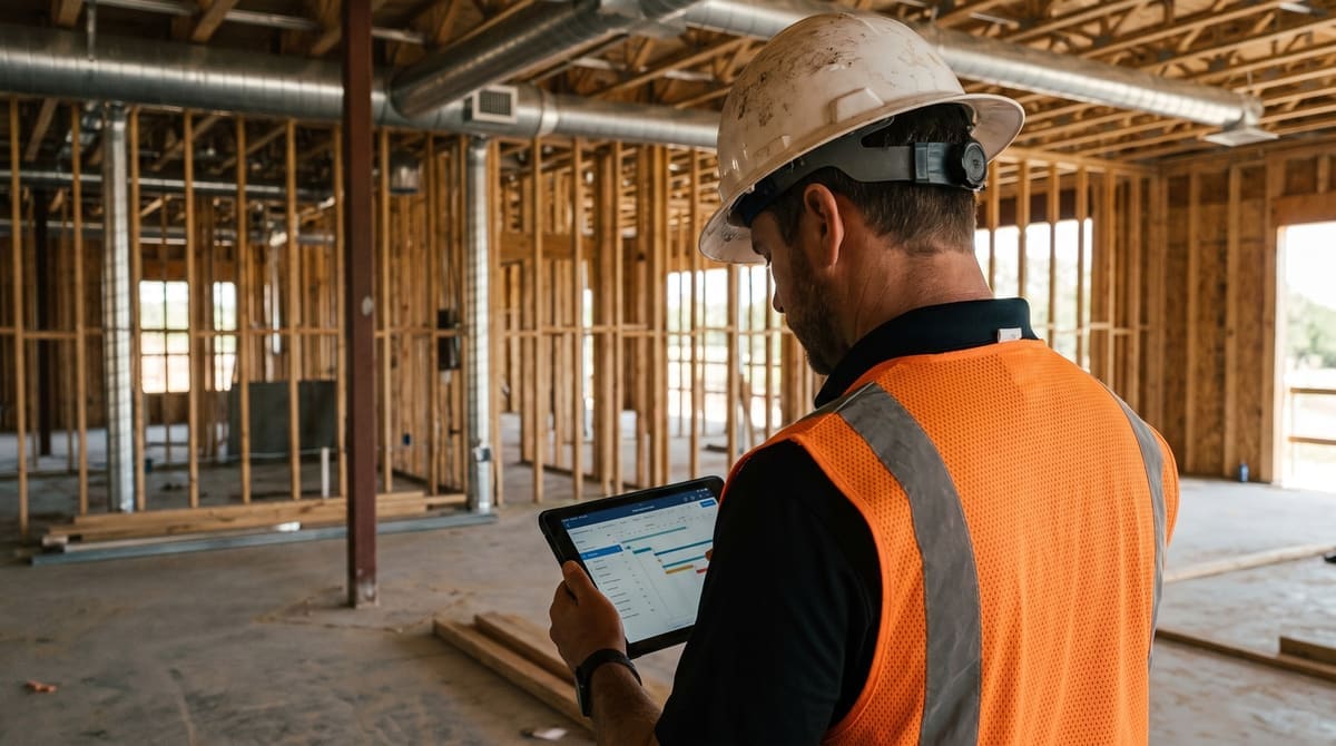 General contractor project manager in a hard hat reviewing a construction schedule on a tablet at a Texas commercial job site