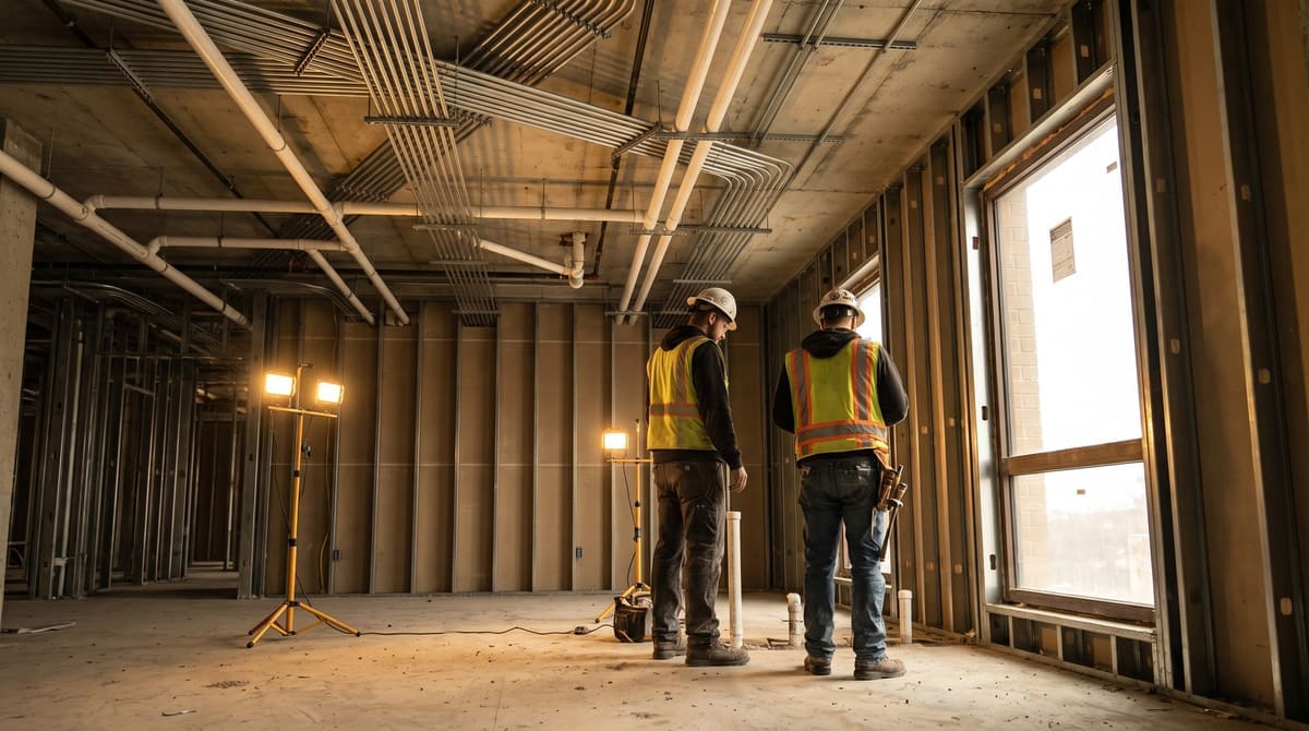 Plumber and electrician doing rough-in under an exposed ceiling in a commercial interior