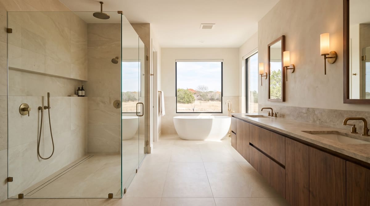 Finished primary bathroom remodel: large-format porcelain tile, curbless shower with frameless glass, floating walnut double vanity, warm sc