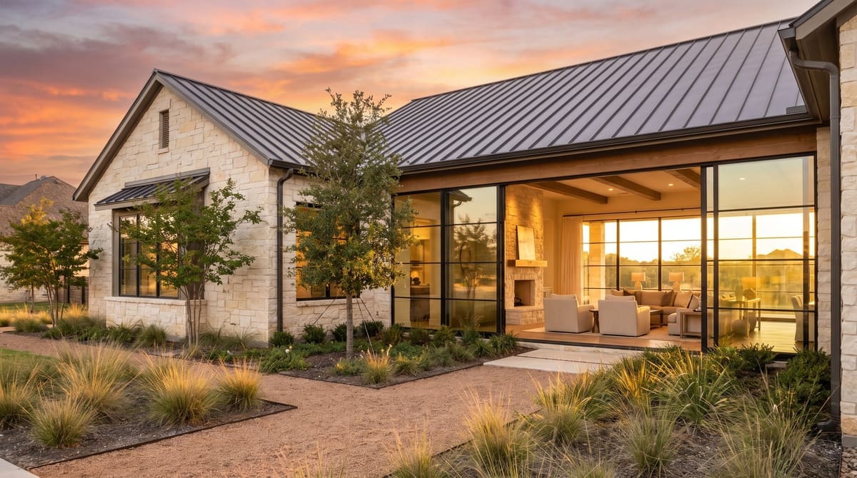 Exterior of a newly built contemporary custom home in a North Texas suburb at golden hour: limestone and dark standing-seam roof, large glaz