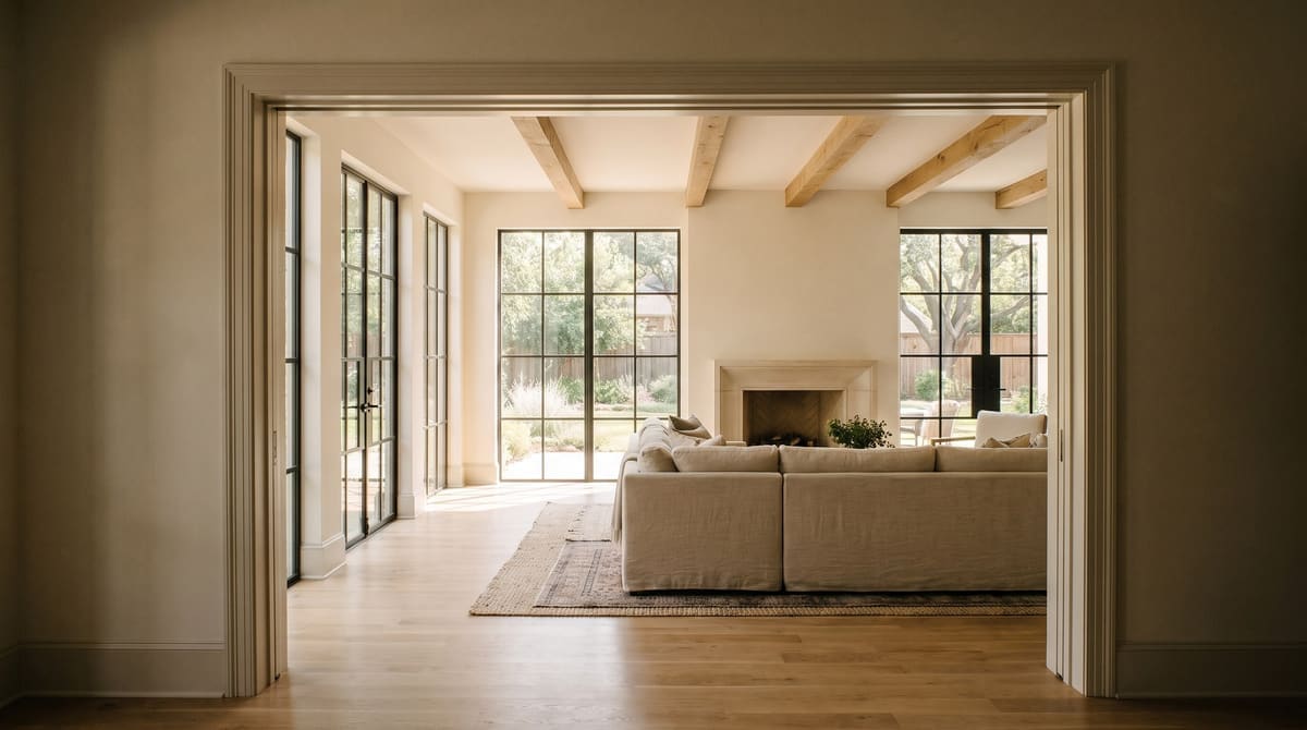 Newly built sunlit family room addition on a North Texas home, seen from the original house through a wide cased opening, matching trim, tal