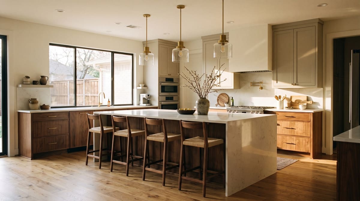 Finished modern kitchen remodel in a Dallas home: large island with quartz countertop, flat-panel walnut and painted cabinetry, pendant ligh