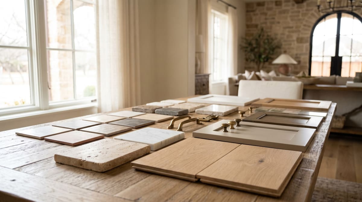 Material selection table in a design studio: tile samples, stone slabs, cabinet door finishes, wood flooring planks, and hardware laid out,